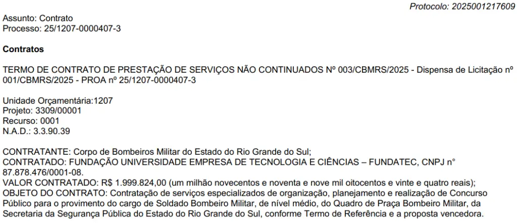 Contrato da banca do concurso Bombeiros RS.