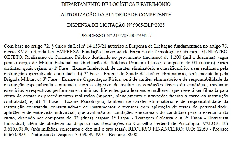 Autorização de dispensa do Concurso Brigada Militar RS.