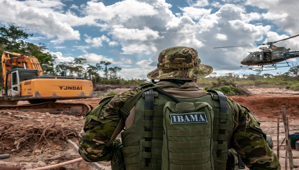 Funcionário do Ibama trabalhando juntamente com uma equipe sobrevoando a área em um helicóptero