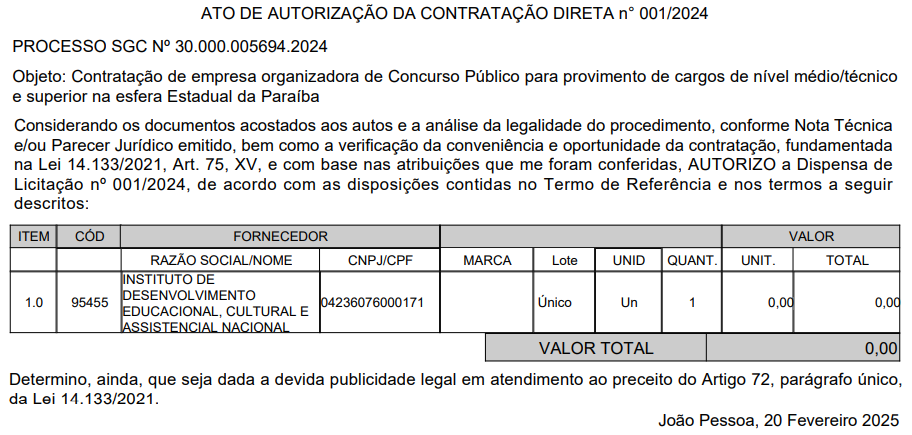 Ato de autorização para a contratação da banca do concurso Polícia Penal PB.