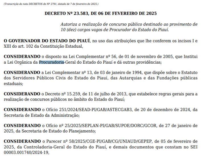 Concurso PGE PI: Autorização