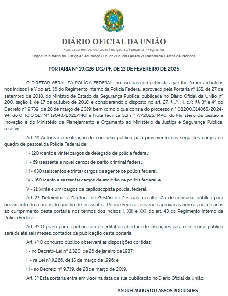 Portaria que autoriza o concurso Polícia Federal.