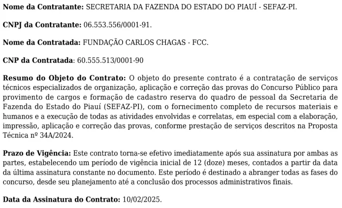 Extrato do contrato do concurso Sefaz PI.