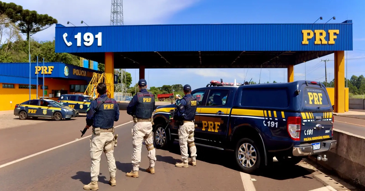 Políciais Rodoviários Federais ao lado do carro da PRF / Concurso PRF