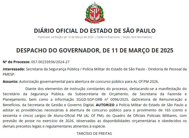 Despacho do governador sobre o concurso PM SP.