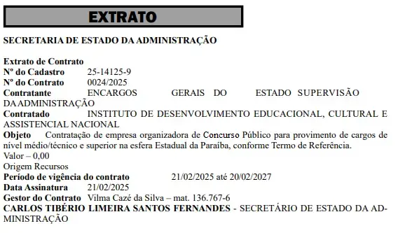 Extrato do contrato do concurso SEE PB.