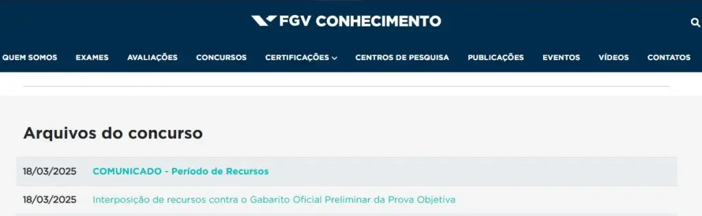 Print da página da banca FGV sobre o concurso Ebserh