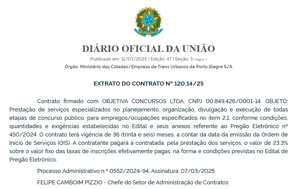 Extrato de contrato com a banca organizadora do concurso Trensurb.