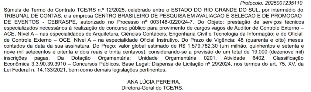 Extrato do termo de contrato com a banca organizadora / Concurso TCE RS