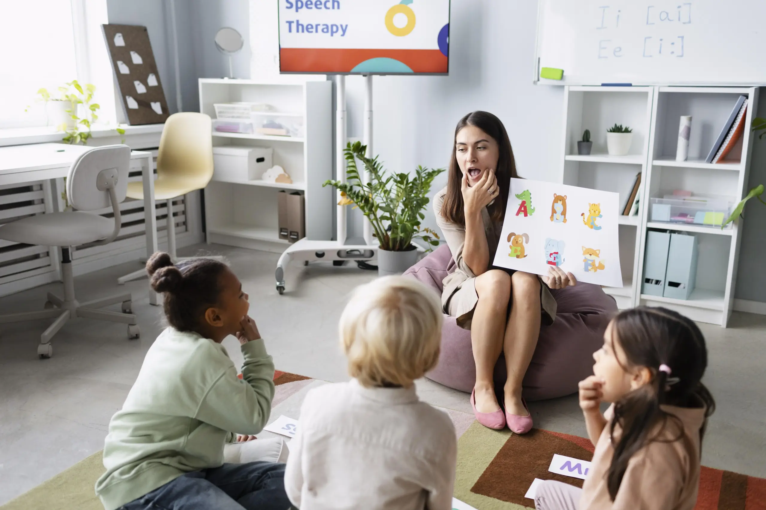 Imagem de uma educadora realizando exercendo da fala com crianças em um ambiente educacional. - CNU Professores